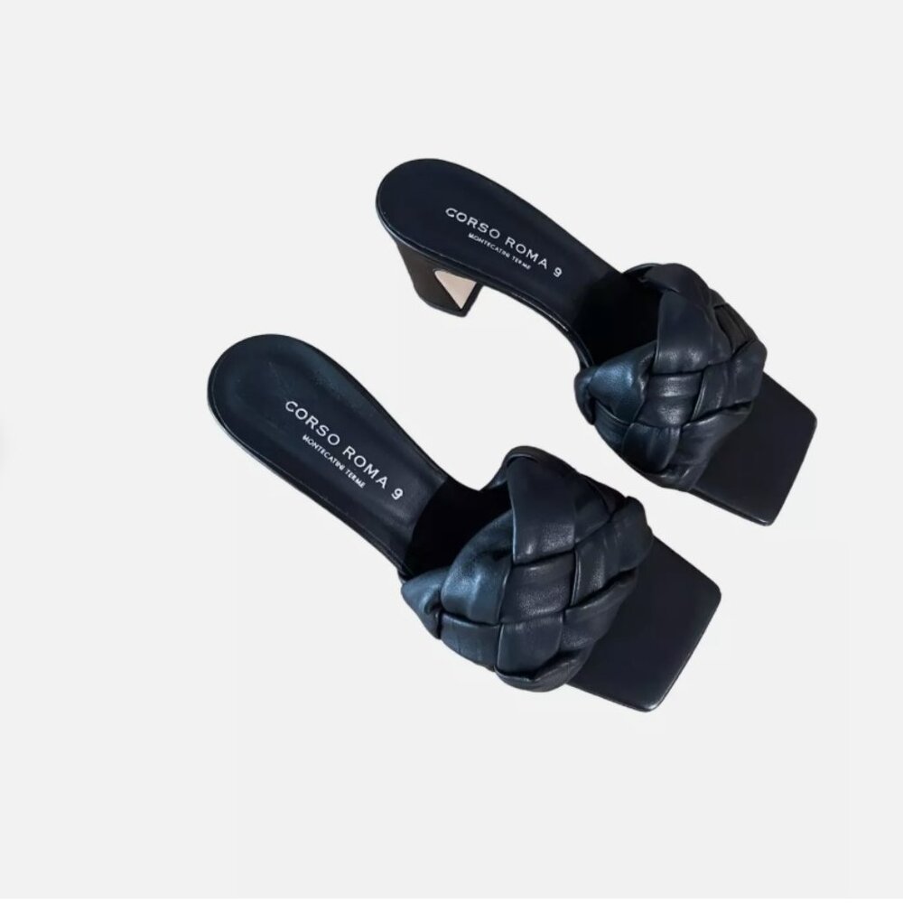 Corso Roma Women's Black Braided Square Toe out Heels Sandals Size 41